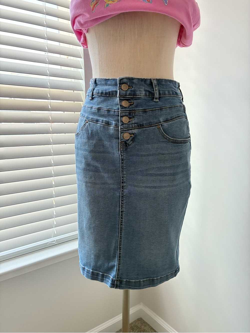 One 5 One Women's Medium Wash Denim Midi Skirt